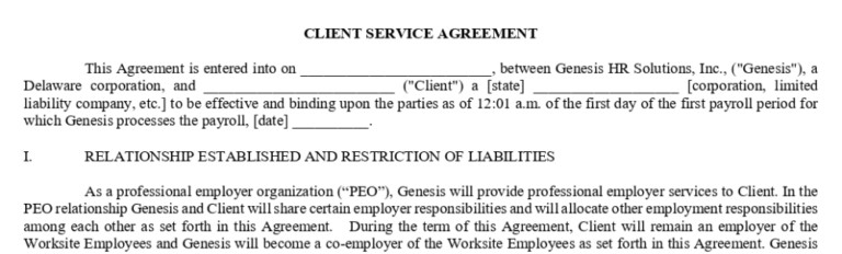GenesisHR Solutions PEO agreement