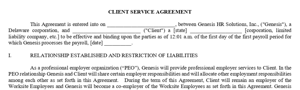 GenesisHR Solutions PEO agreement