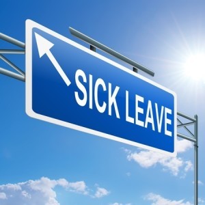 Illustration depicting a highway gantry sign with a sick leave concept Blue sky background